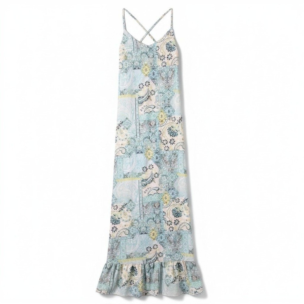 Cato Maxi Dress Large Blue Paisley Patchwork Ruffle Hem Boho Coastal
